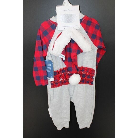 LIFE IS GOOD ROMPER W/HAT & RUFFLES GRAY BUFFALO PLAID DOG GIRLS 3/6M NWT - Picture 4 of 8